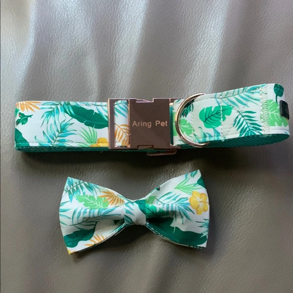 Green and Yellow Leaf Pattern Collar and Bow Tie Set